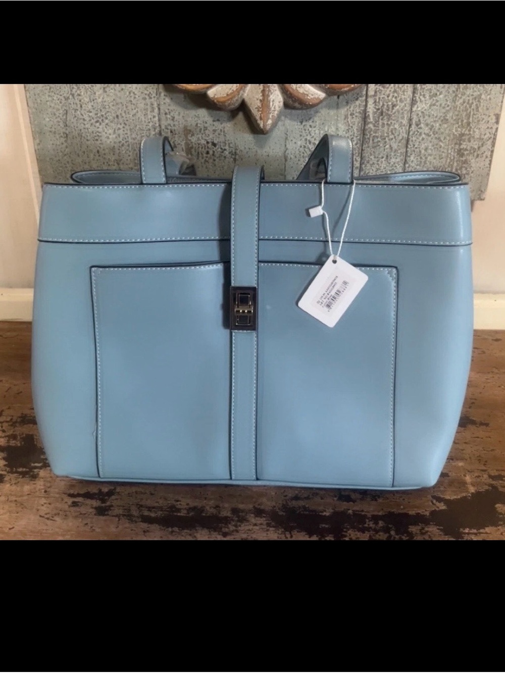 Classic Light Blue Leather Tote with Front Pocket Strap